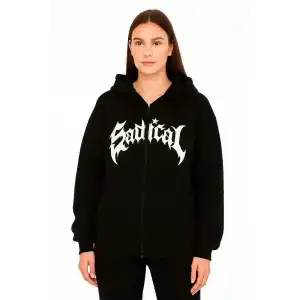 Kadın Kapüşonlu 3 İplik Şardonlu Önü Baskılı Fermuarlı Oversize Sweatshirt - Siyah