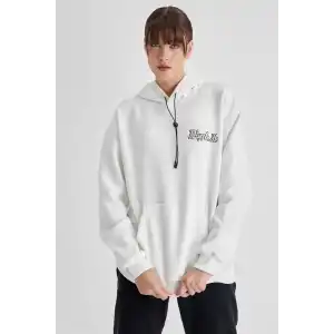 Kadın Kapüşonlu Sırt Baskılı Üç İplik Oversize Sweatshirt - Beyaz