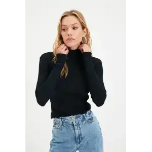 Kadın Kaşkorse Boğazlı Full Likralı Fitilli Body Kazak - Siyah