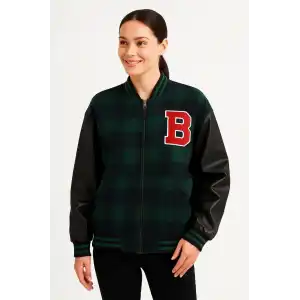 Kadın Kolej Ceket – Kareli Oduncu Kumaş, Kolları Suni Deri, Fermuarlı, İçi Kapitone Astarlı, Nakışlı Oversize Bahar & Kış Stil - Haki