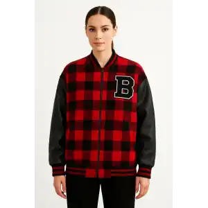 Kadın Kolej Ceket – Kareli Oduncu Kumaş, Kolları Suni Deri, Fermuarlı, İçi Kapitone Astarlı, Nakışlı Oversize Bahar & Kış Stil - Bordo