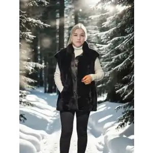 Kadın Kolsuz Hakiki Yelek - Siyah