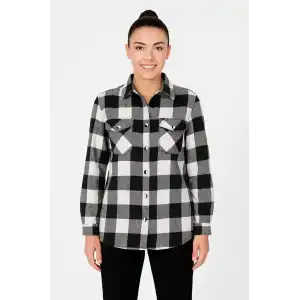 Kadın Oduncu Gömlek – Uzun Kollu, Şardonlu Kumaş, Kırmızı Beyaz Kareli Desen, Regular Fit, Çift Cepli, Manşetli Günlük Şık Stil - Siyah