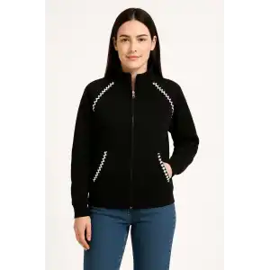 Kadın Oversize Dik Yaka Fermuarlı Sweatshirt - Zincir Nakışli Kanguru Cepli, - Siyah