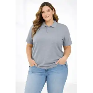 Kadın Pike Kumaş Düğmeli Yaka Battal Büyük Beden Günlük Kısa kol Tişört T-shirt - Gri