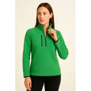 Kadın Polar Kazak – Dik Yaka, Yarım Fermuarlı, Fermuarlı Göğüs Cepli, Siyah Biyeli, Kışlık Rahat Regular Fit Günlük Model - Yeşil