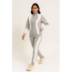 Kadın Premium Parçalı Eşofman Takım - Dik Yaka Fermuarlı Sweatshirt - Gri