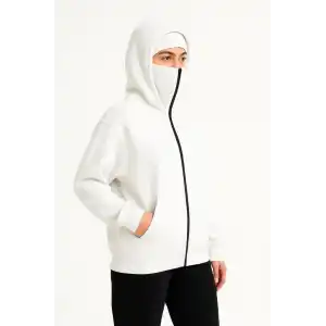 Kadın Samuray Ninja Çift Kapüşonlu Maske Detaylı Fermuarlı Kanguru Cepli Hoodie - Beyaz