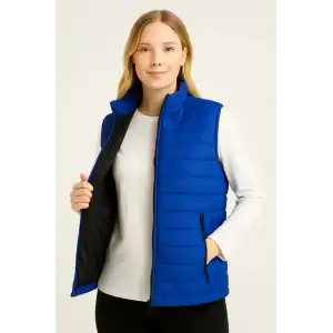 Kadın Şişme Fermuarlı Yelek Su itici Kapitone Astarlı Kumaş Cepli Hafif Kışlık Spor Rahat Kalıp - Saks Mavisi