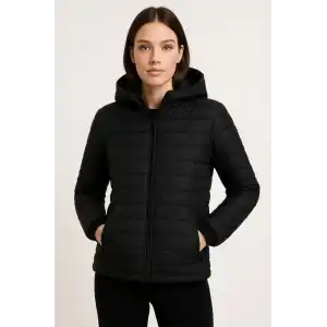 Kadın Şişme Kapüşonlu Fermuarlı Mont Su itici Kapitone Astarlı Kumaş Cepli Kışlık Rahat Kalıp - Siyah