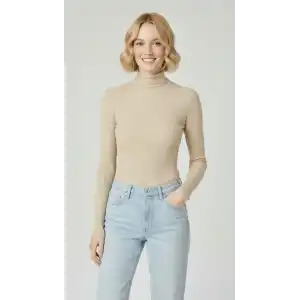 Kadın Tam Boğazlı Fitilli Likrali Kaşkorse Badi İnce Uzun Kollu Kazak - Bej