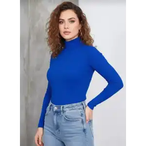 Kadın Tam Boğazlı Fitilli Likrali Kaşkorse Badi İnce Uzun Kollu Kazak - Saks Mavisi