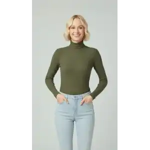 Kadın Tam Boğazlı Fitilli Likrali Kaşkorse Badi İnce Uzun Kollu Rahat Kazak - Haki