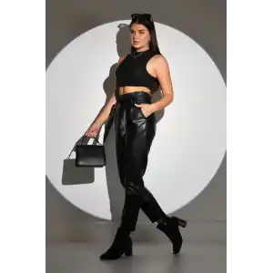 Kadın Tam Kalıp Süni Derİ Pantolon - Siyah