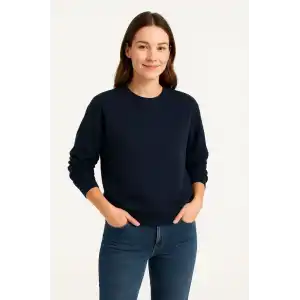 Kadın Üç İplik Düz Bisiklet Yaka SweatShirt - Lacivert