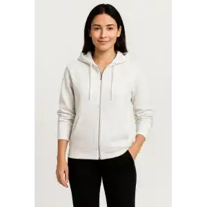 Kadın Üç İplik Kapüşonlu Tam Fermuarlı Kanguru Çepli SweatShirt Hoodie - Beyaz