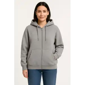 Kadın Üç İplik Kapüşonlu Tam Fermuarlı Kanguru Çepli SweatShirt Hoodie - Gri