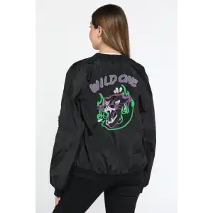 Kadın Wild One Baskılı Bomber Mont – Siyah Renk, Oversize Rahat Kalıp, Fermuarlı, Cepli, Günlük Şık Kapitone Mont - Siyah