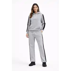 KADIN Yandan Şeritli Eşofman Takım Kapüşonlu Sweatshirt Boru Paça Alt, Oversize 3 iplik Pamuklu - Gri