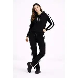 KADIN Yandan Şeritli Eşofman Takım Kapüşonlu Sweatshirt Boru Paça Alt, Oversize 3 iplik Pamuklu - Siyah