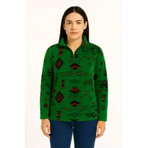 Kadın Yarım Fermuarlı Desenli Polar Sweat Tribal Etnik Desen Yakalı, Uzun Kollu, Oversize Rahat Kalıp - Yeşil