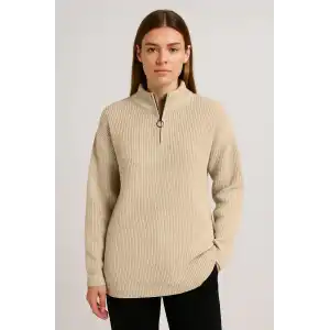 KADIN Yarım Fermuarlı Triko Kazak – Selanik Örgü, Dik Yaka, Pamuklu Dokuma, Oversize Uzun Kollu Kışlık Model - Bej