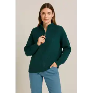 KADIN Yarım Fermuarlı Triko Kazak – Selanik Örgü, Dik Yaka, Pamuklu Dokuma, Oversize Uzun Kollu Kışlık Model - Haki