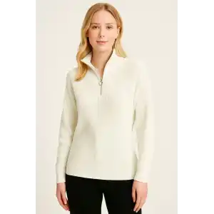 KADIN Yarım Fermuarlı Triko Kazak – Selanik Örgü, Dik Yaka, Pamuklu Dokuma, Oversize Uzun Kollu Kışlık Model - Beyaz