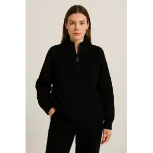 KADIN Yarım Fermuarlı Triko Kazak – Selanik Örgü, Dik Yaka, Pamuklu Dokuma, Oversize Uzun Kollu Kışlık Model - Siyah