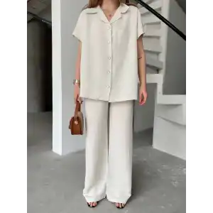 Keten Kısa Kollu Cepli Gömlek Pantolon ikili Takım - Beyaz