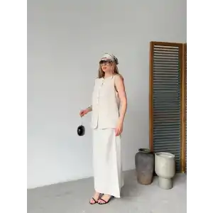 Keten Kolsuz Sıfır Yaka İlik Düğmeli Kolsuz Hırka Etek ikili Takım- Beyaz