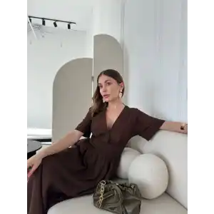 Kısa Kollu Uzun Elbise - Kahve