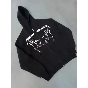 Kışlık Baskılı Fermuarlı Kapüşonlu Hırka - Siyah