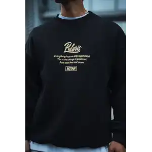 Kışlık Bisiklet Yaka Ön Ve Arka Baskılı SweatShirt - Siyah