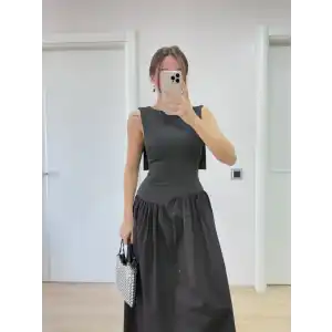 Krep Arkası Kanat Arka Ön Pens Detaylı Uzun Kadın Elbise - Siyah