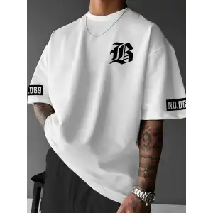 LB Baskılı Ön Arka Oversize Bisiklet Yaka Kısa Kol T-shirt - Beyaz