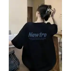 Newtro Baskılı Oversize Bisiklet Yaka T-shirt - Siyah