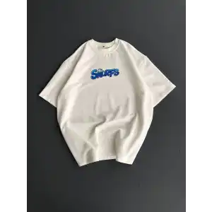 Ön ve Arka Baskılı Oversize Bisiklet Yaka T-shirt- Beyaz