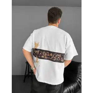 Ön ve Arka Baskılı Oversize Bisiklet Yaka T-shirt - Beyaz