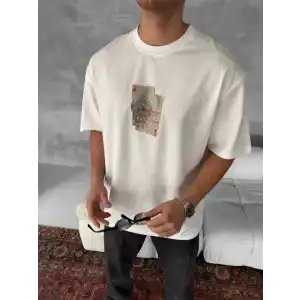 Ön ve Arka Baskılı Oversize Bisiklet Yaka T-shirt - Beyaz