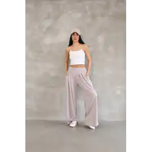 Osy Modal Yumuşak Dokulu Kadın Kumaş Boru Paça Salaş Eşofman - Bej