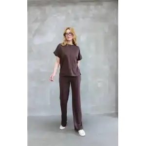 Osy Modal Yumuşak dokulu Kumaş Bisiklet Yaka Kısa Kollu Takım - Kahverengi