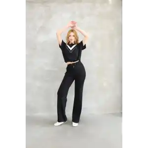 Osy Modal Yumuşak dokulu Kumaş Bisiklet Yaka Parçalı detaylı Kısa Kollu Takım - Siyah