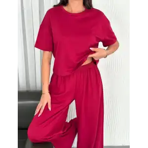 Osy Modal Yumuşak Dokulu Kumaş Bisiklet Yaka T-shirt Bol paça Pantalon ikili Takım -Bordo