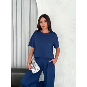 Osy Modal Yumuşak Dokulu Kumaş Bisiklet Yaka T-shirt Bol paça Pantalon ikili Takım -Saks Mavi