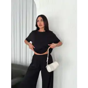 Osy Modal Yumuşak Dokulu Kumaş Bisiklet Yaka T-shirt Bol paça Pantalon ikili Takım -Siyah