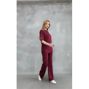 Osy Modal Yumuşak dokulu Kumaş Bisiklet Yaka Taş detaylı Kısa Kollu Takım - Bordo