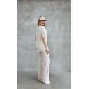 Osy Modal Yumuşak dokulu Kumaş Bisiklet Yaka Taş detaylı Kısa Kollu Takım - Kırık Beyaz