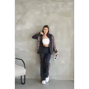 Osy Modal Yumuşak Dokulu Kumaş Kapüşonlu Leopar Desenli Fermuarlı Takım - Antrasit