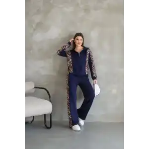 Osy Modal Yumuşak Dokulu Kumaş Kapüşonlu Leopar Desenli Fermuarlı Takım - Lacivert